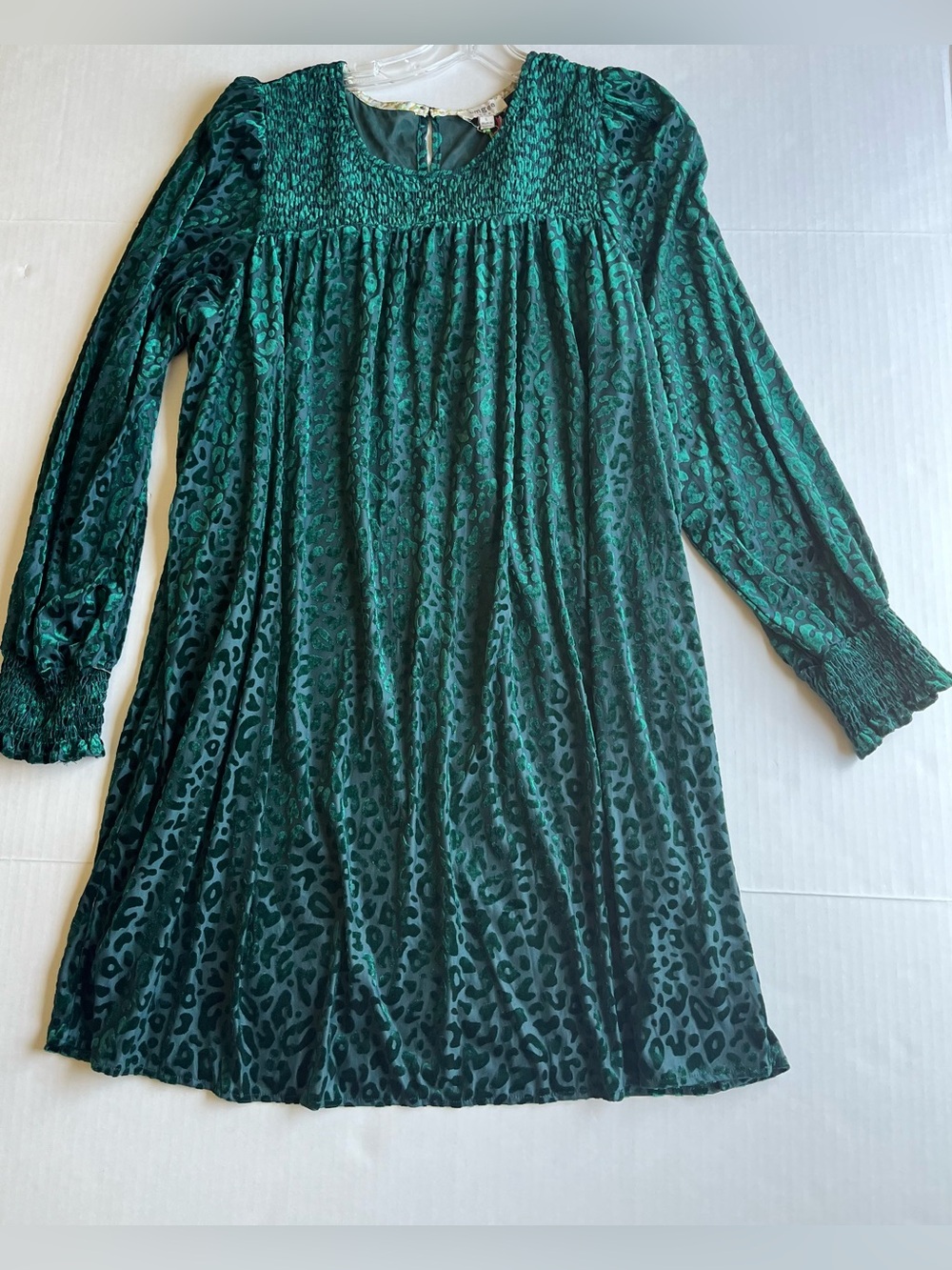 Umgee Dark Green Crushed Velvet Leopard Print Long Sleeve Tunic Mini Dress L